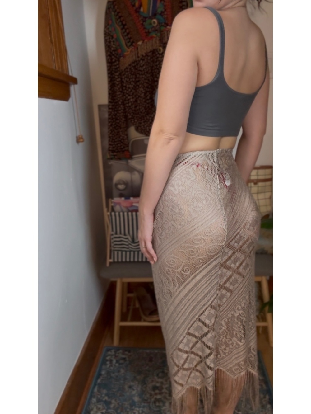 Golden Lace Midi Skirt with Fringe Detail size S-M stretchy goddess sheer